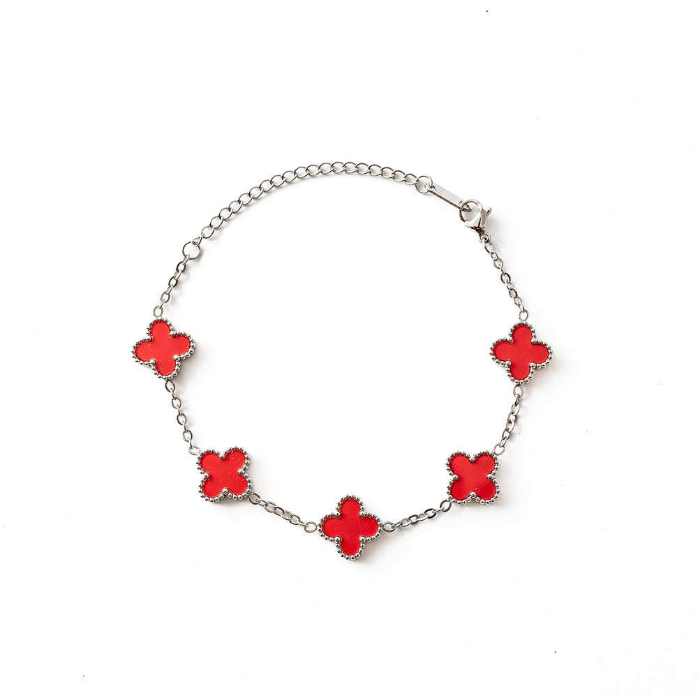 Silver Clover Bracelet (Red)