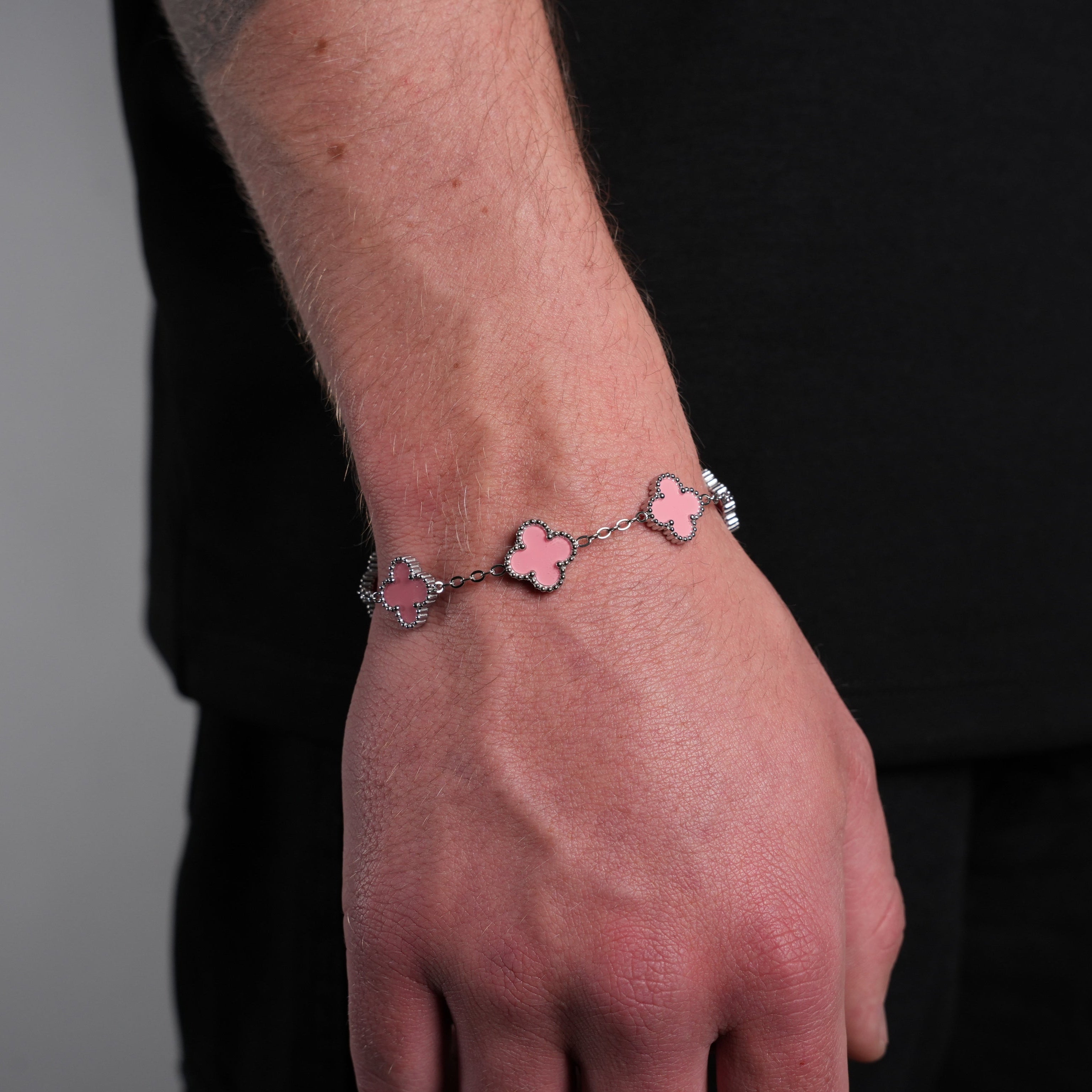 Silver Clover Bracelet (Baby Pink)