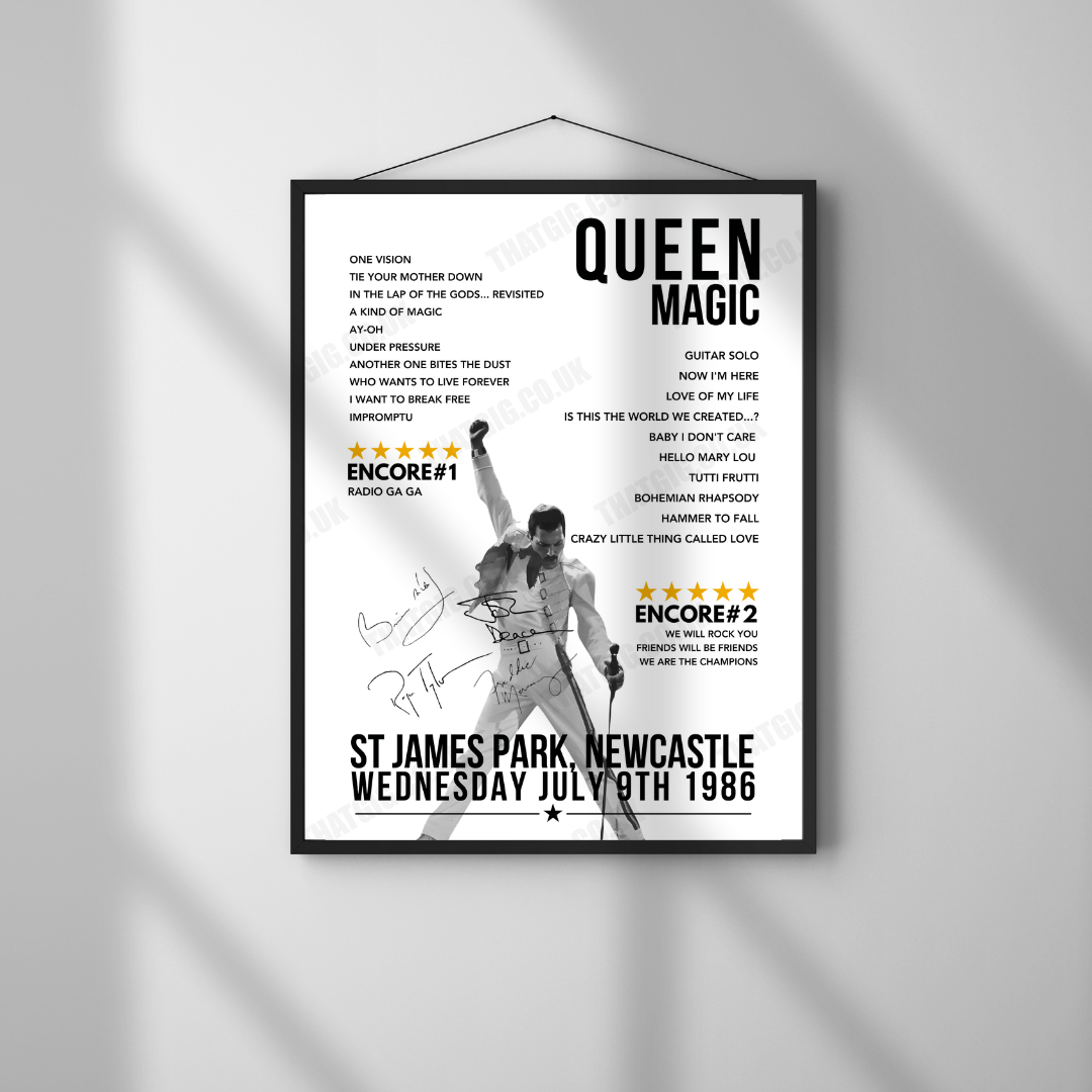 Queen Setlist Poster -  St James' Park, Newcastle - July 9th, 1986