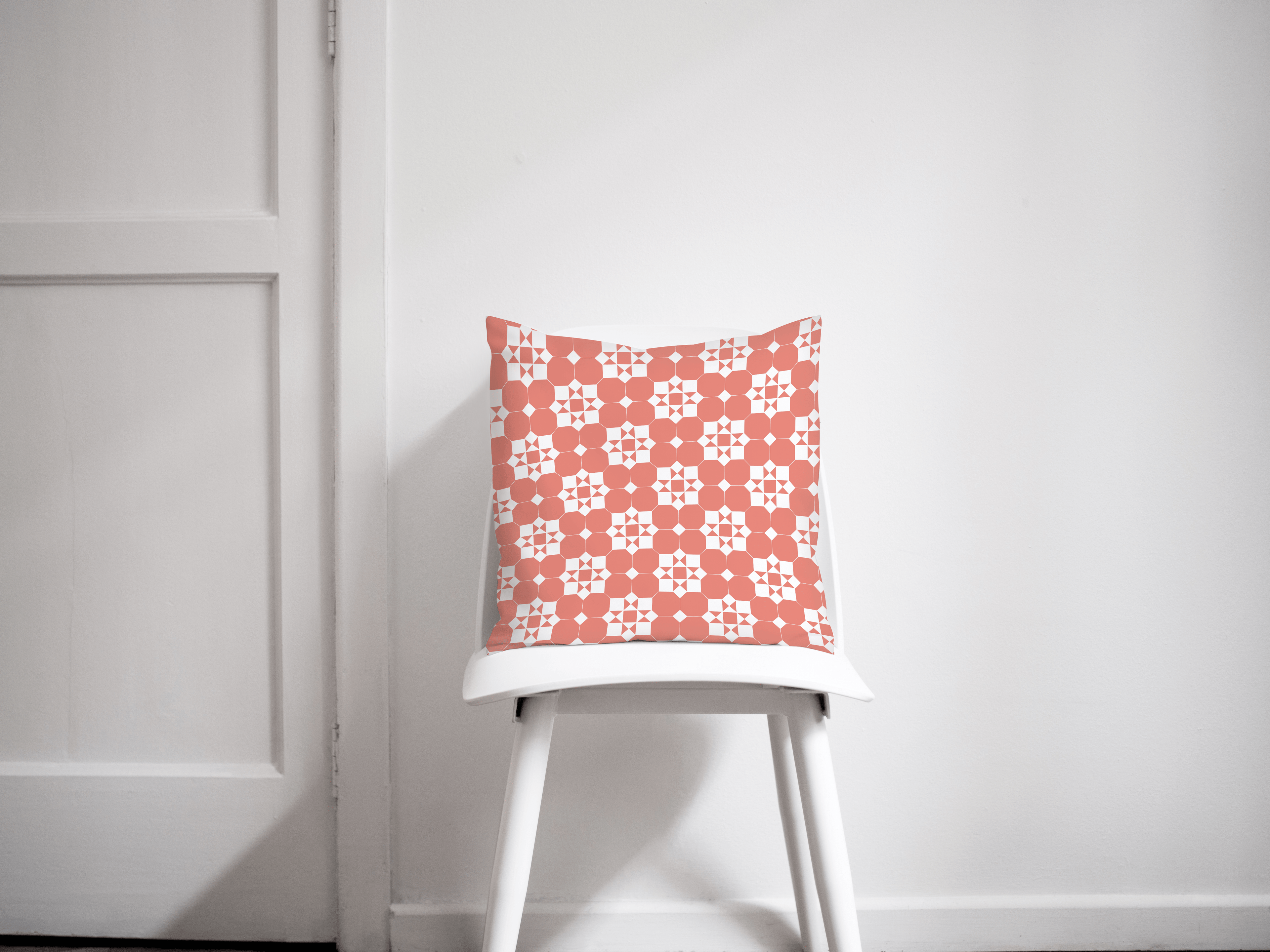 Coral and White Geometric Tiles Design Cushion, Throw Pillow