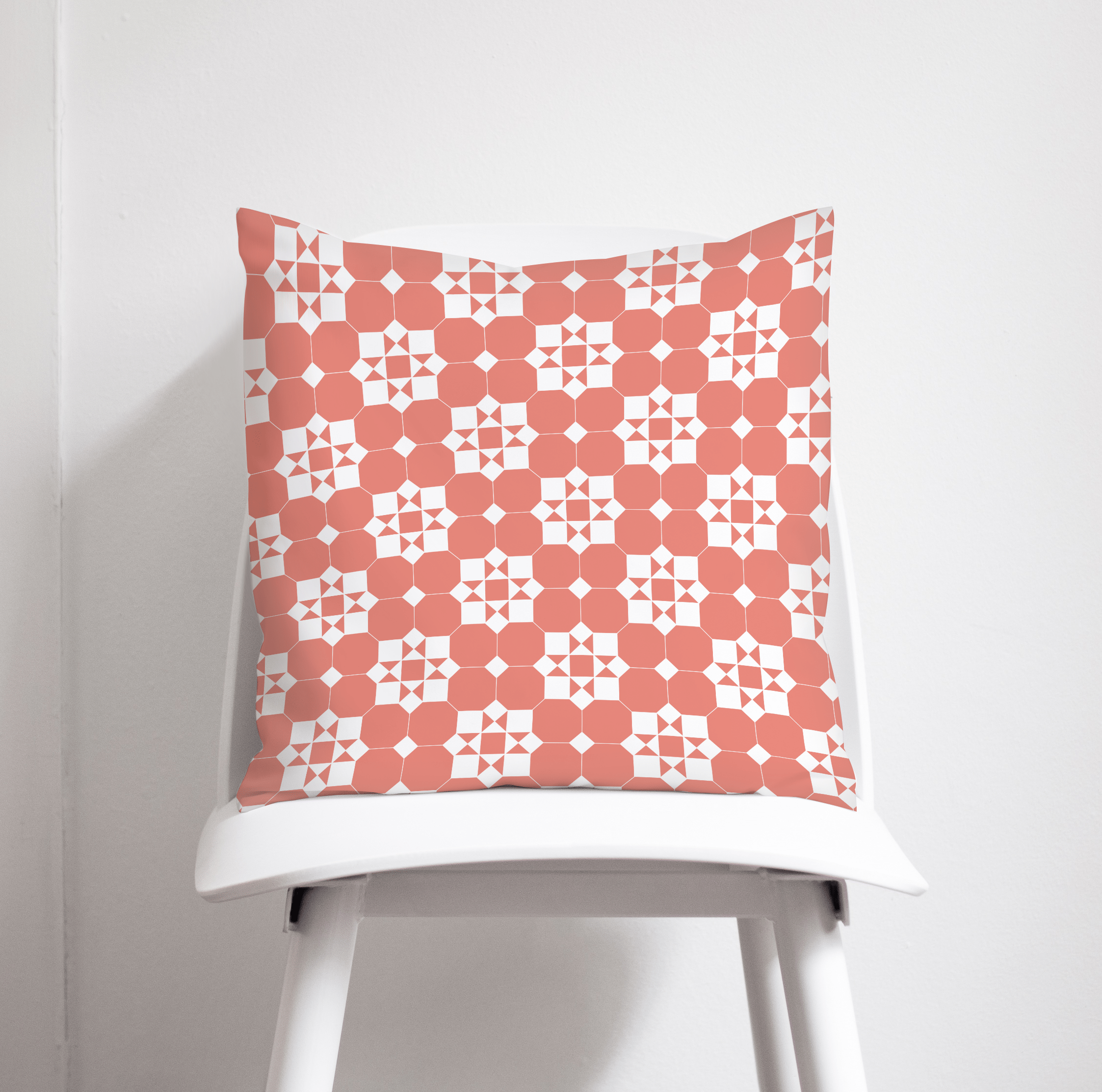 Coral and White Geometric Tiles Design Cushion, Throw Pillow