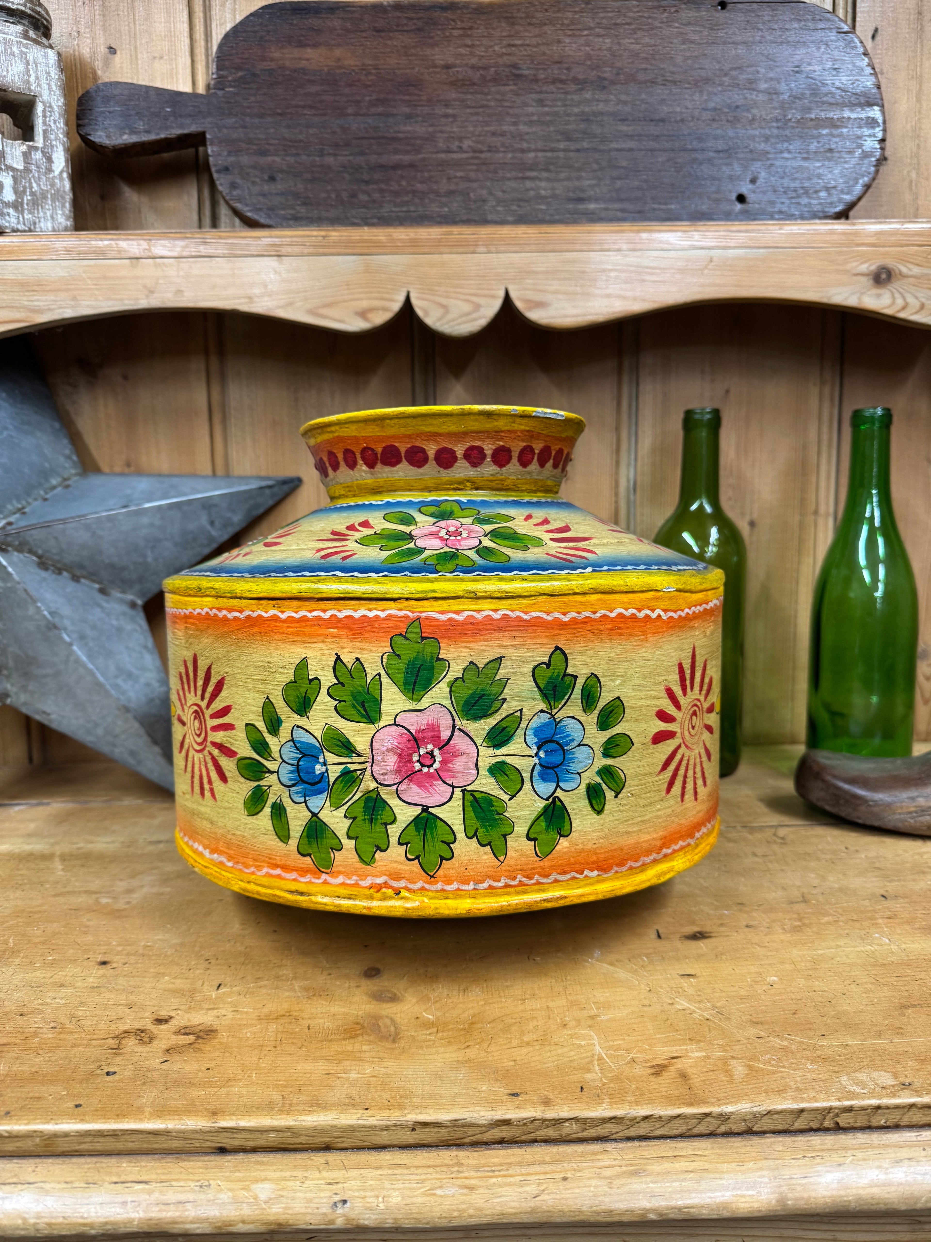 Vintage Painted Indian Water Pot / Decor  Handmade Metal Pot / Metal Vase / Narrow Boat / Gypsy / Rustic