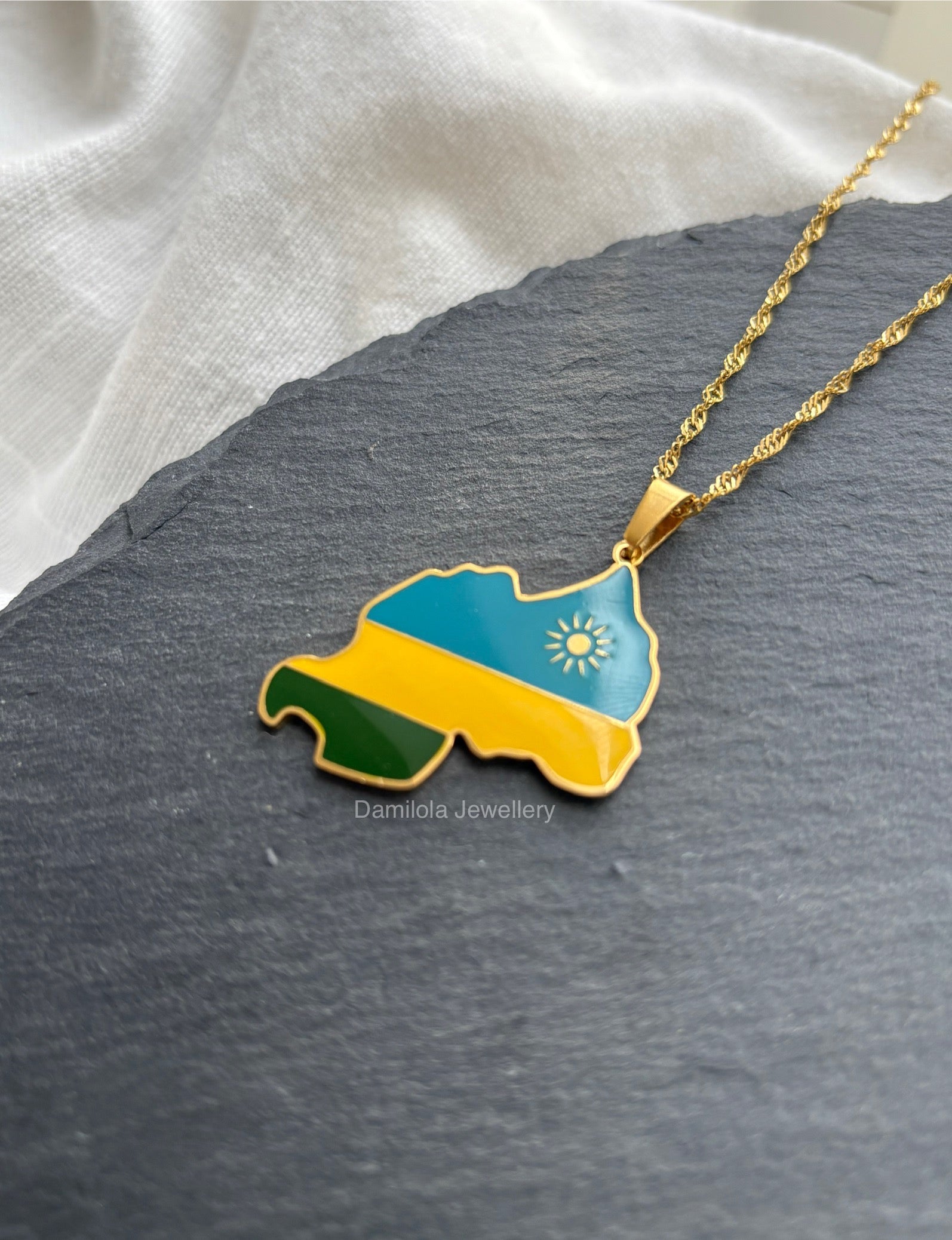 Rwanda Flag Map Necklace - Gold