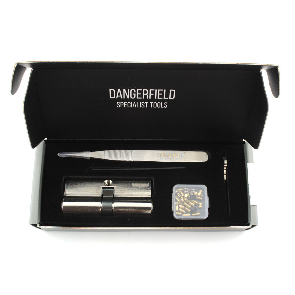 Dangerfield Aerospace Cutaway Practice Lock +Pins and Tweezers - Repinnable, Configurable Solid Metal Training Lock