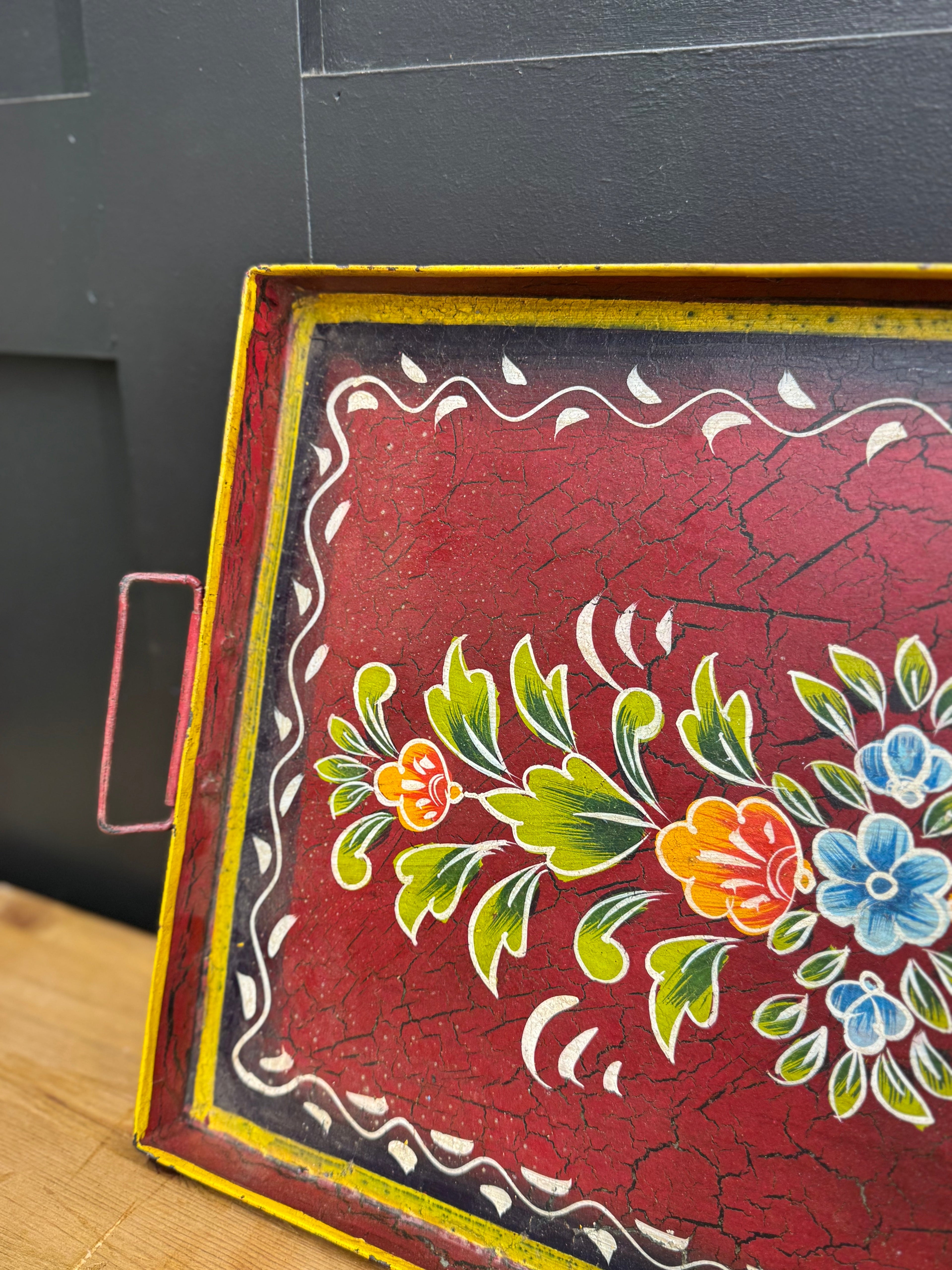 Red Metal Serving Tray / Painted Indian Charcuterie Cheese Antipasto Platter