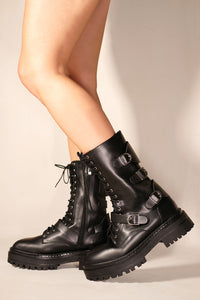 RHEA BUCKLE LACE UP CHUNKY ANKLE LACE UP BOOT IN BLACK PATENT FAUX LEATHER