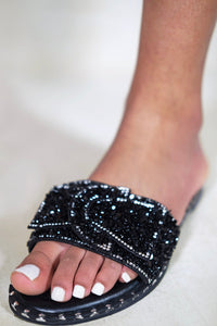 KAMARI DIAMANTE BOW FLAT SLIDERS WITH STUD DETAILS IN BLACK