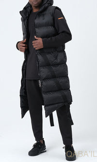 QL Sleeveless Longline Puffer Hooded Gilet Black