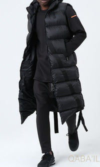 QL Sleeveless Longline Puffer Hooded Gilet Black