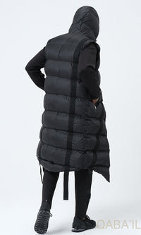 QL Sleeveless Longline Puffer Hooded Gilet Black