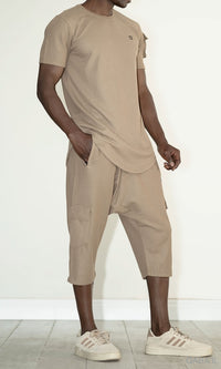 QL IGO Relaxed Cargo Shorts and T-Shirt Set in Taupe