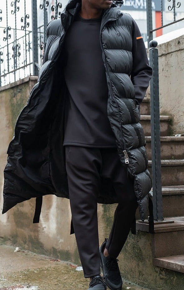 QL Sleeveless Longline Puffer Hooded Gilet Black