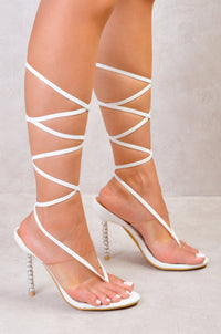 FABIANA PERSPEX STRAP DIAMANTE BEADED HIGH HEEL SANDALS IN WHITE