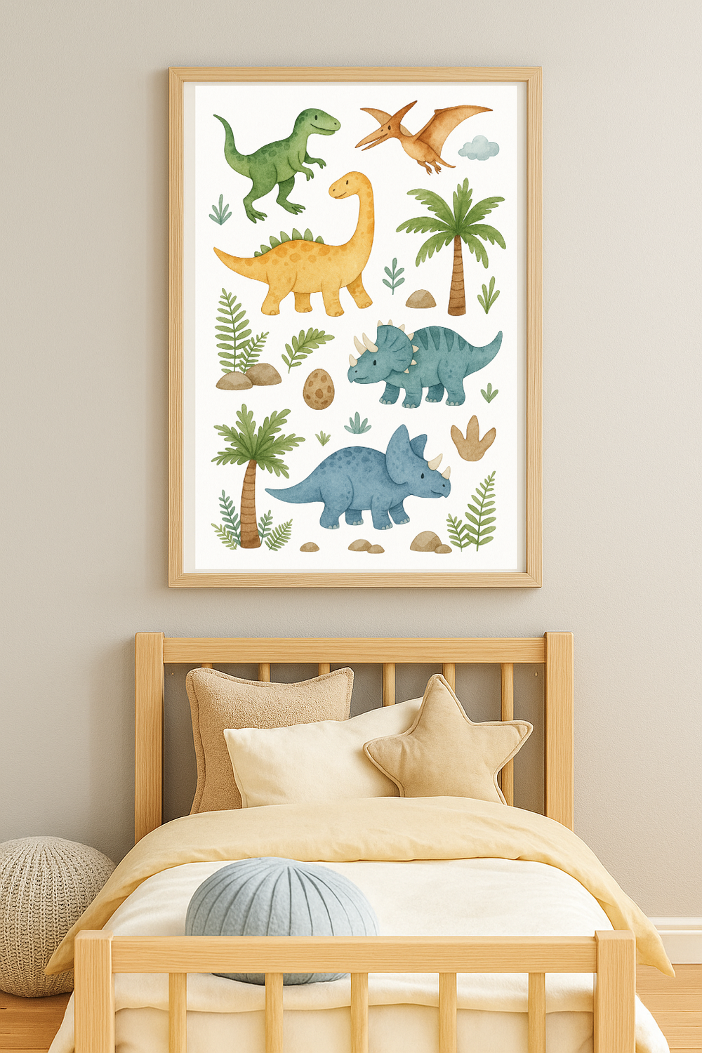 Dinosaur Wall Art for Kids – Watercolour Jurassic Poster with Triceratops & T-Rex