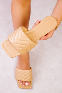 TANNER ZIG ZAG QUILTED SQUARE TOE SLIDERS IN CARAMEL MOCHA FAUX LEATHER