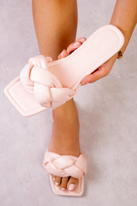 PARADISE CHUNKY PLAIT SLIDERS WITH A SQUARE TOE IN BLUSH PINK FAUX LEATHER