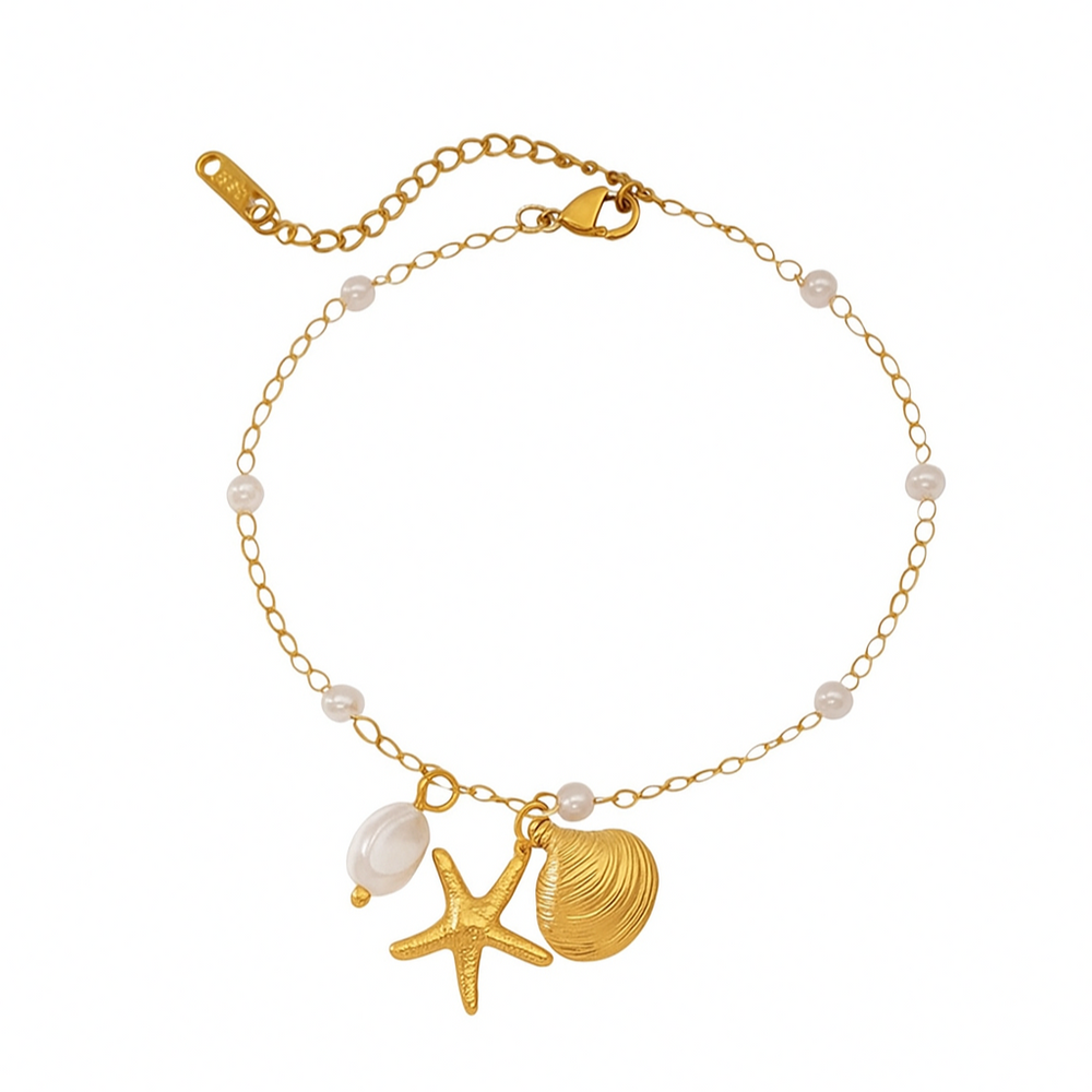 Ocean Luxe 18k Gold Plated Pearl Anklet with Starfish And Shell Charms