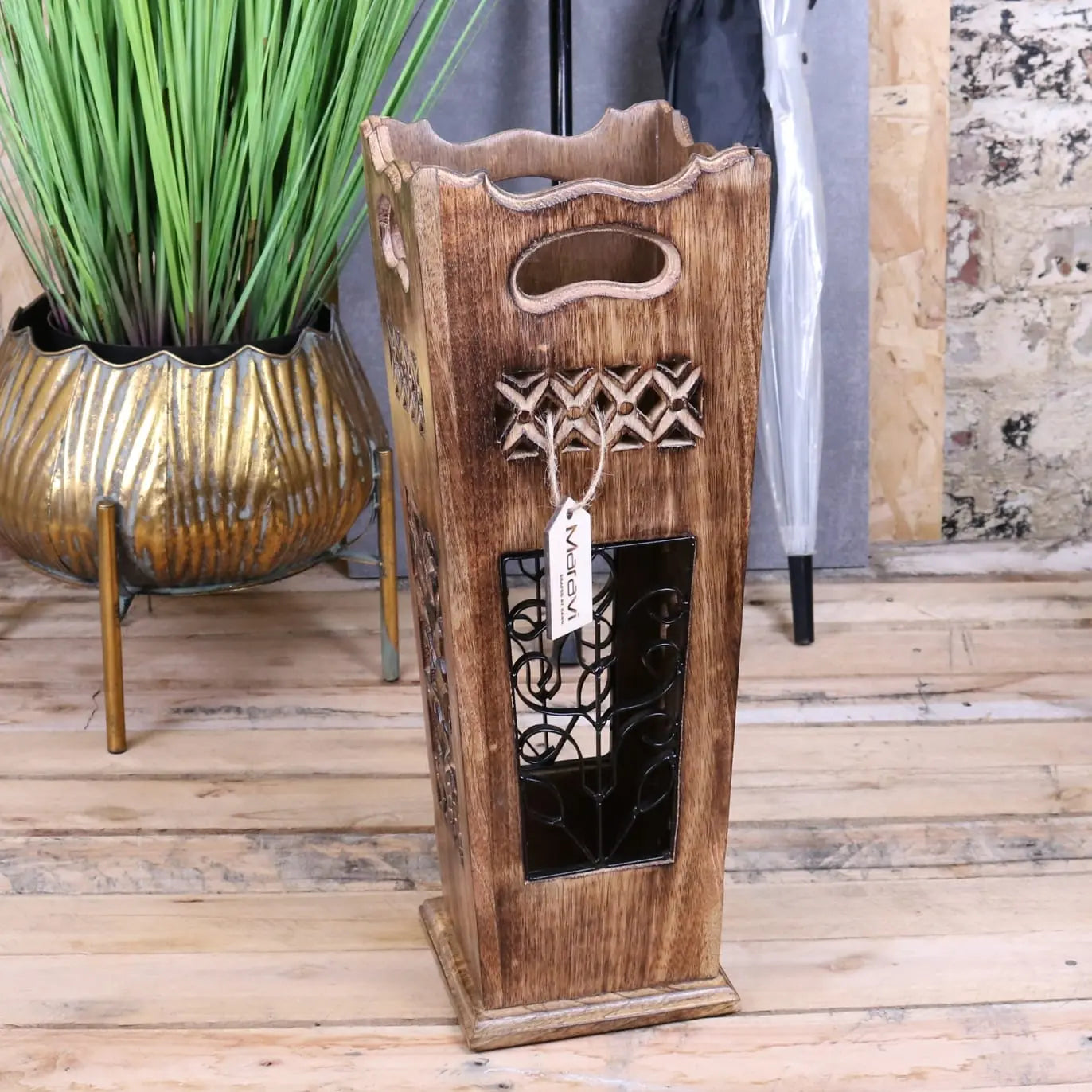 Gangotri Wooden Umbrella Stand Mango Wood Leaf Jali Design