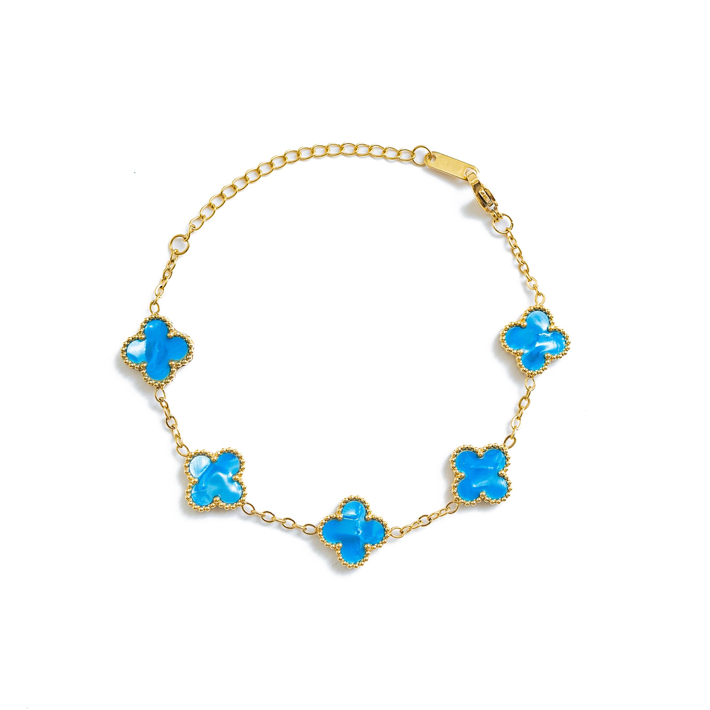 Gold Pearl Clover Bracelet (Blue)