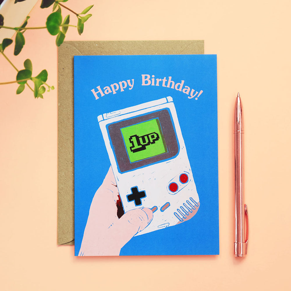 1Up Gameboy Retro Birthday Card for Gaming Fans