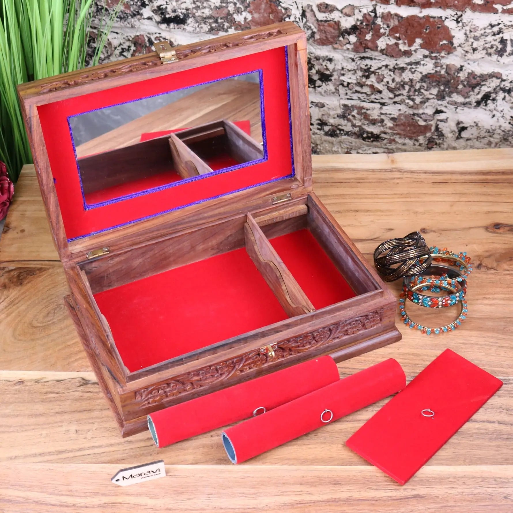 Intricate Sheesham Wood Jewellery Box with Luxury Velvet Lining