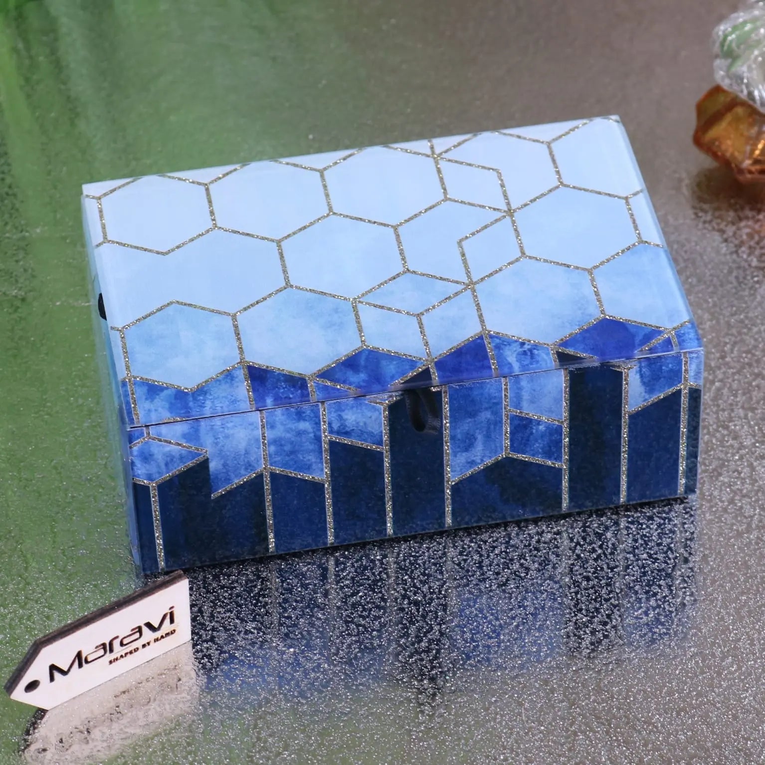 Konark Geometric Glass Jewellery Box with Blue Tones and Silver Glitter