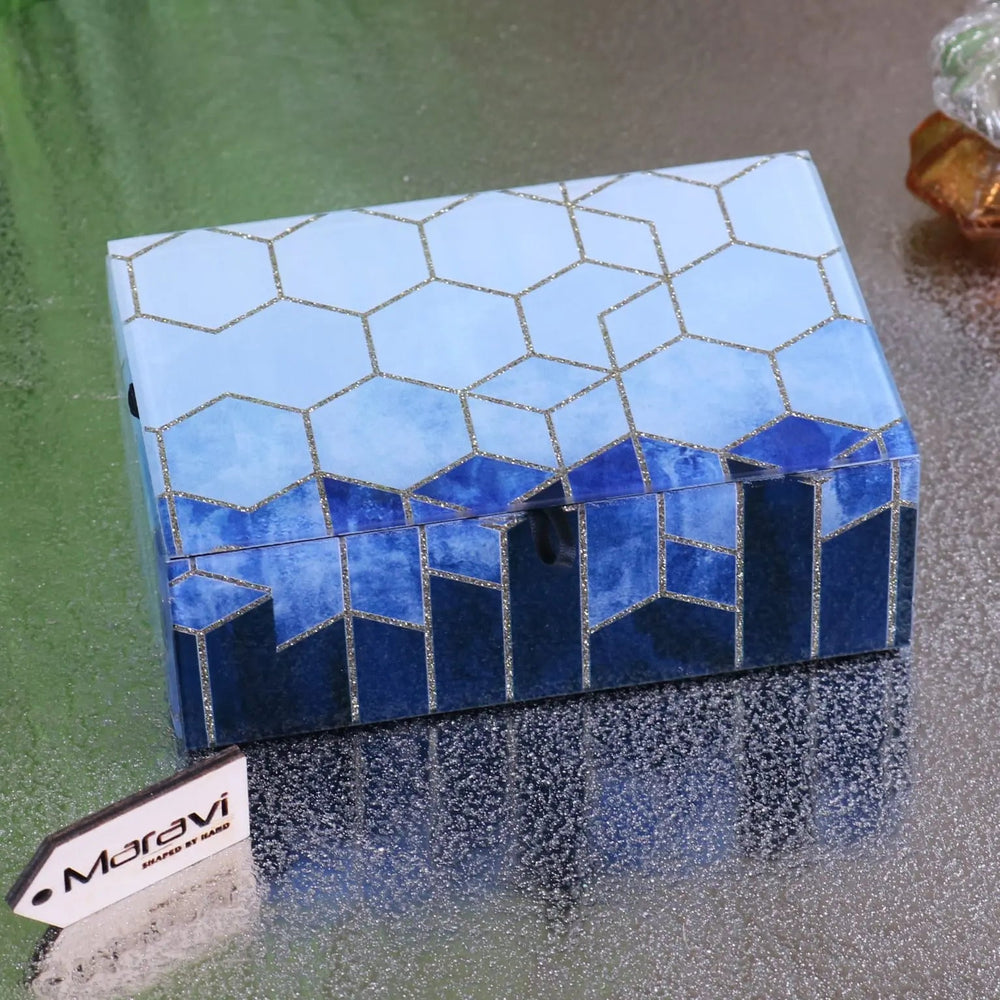 Konark Geometric Glass Jewellery Box with Blue Tones and Silver Glitter