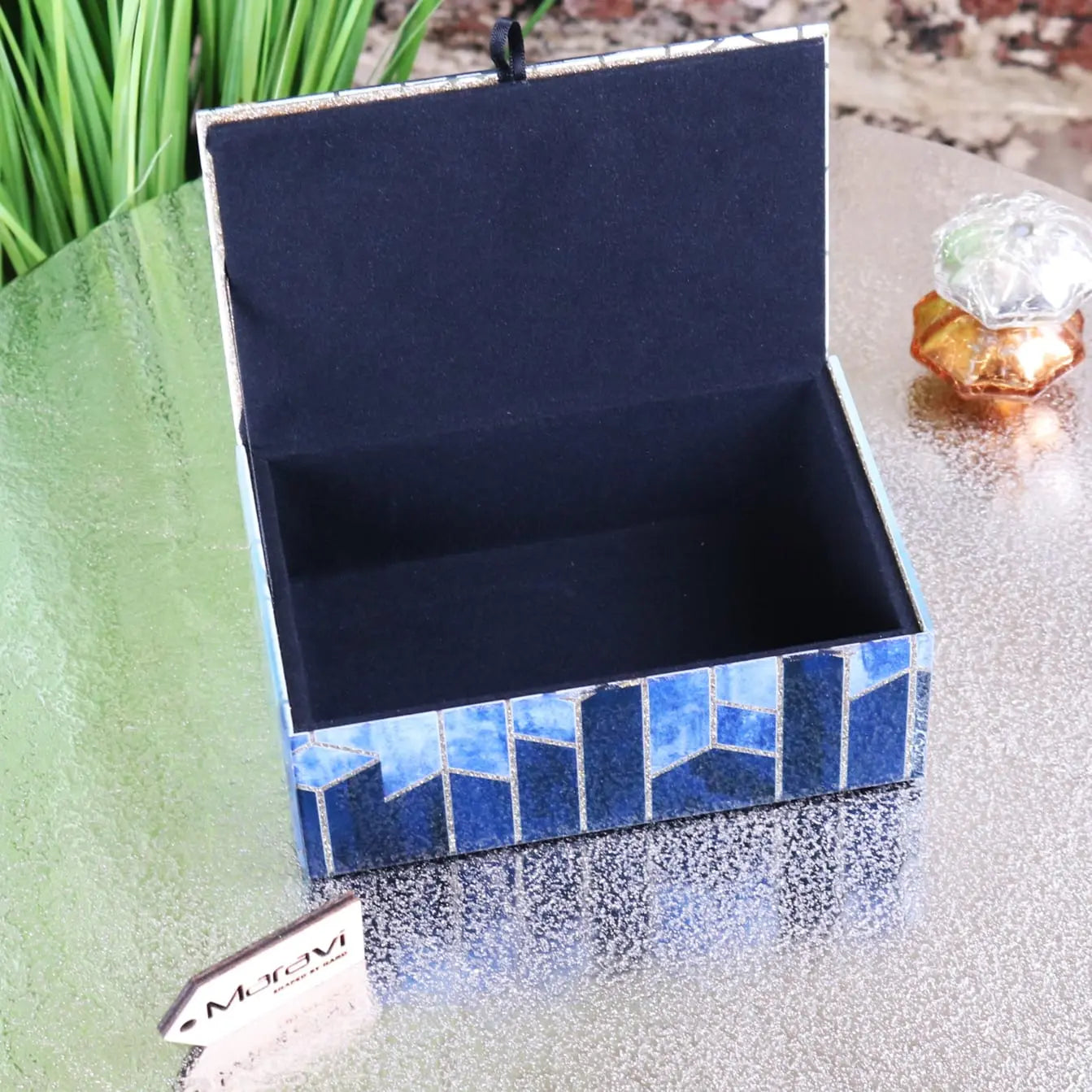 Konark Geometric Glass Jewellery Box with Blue Tones and Silver Glitter