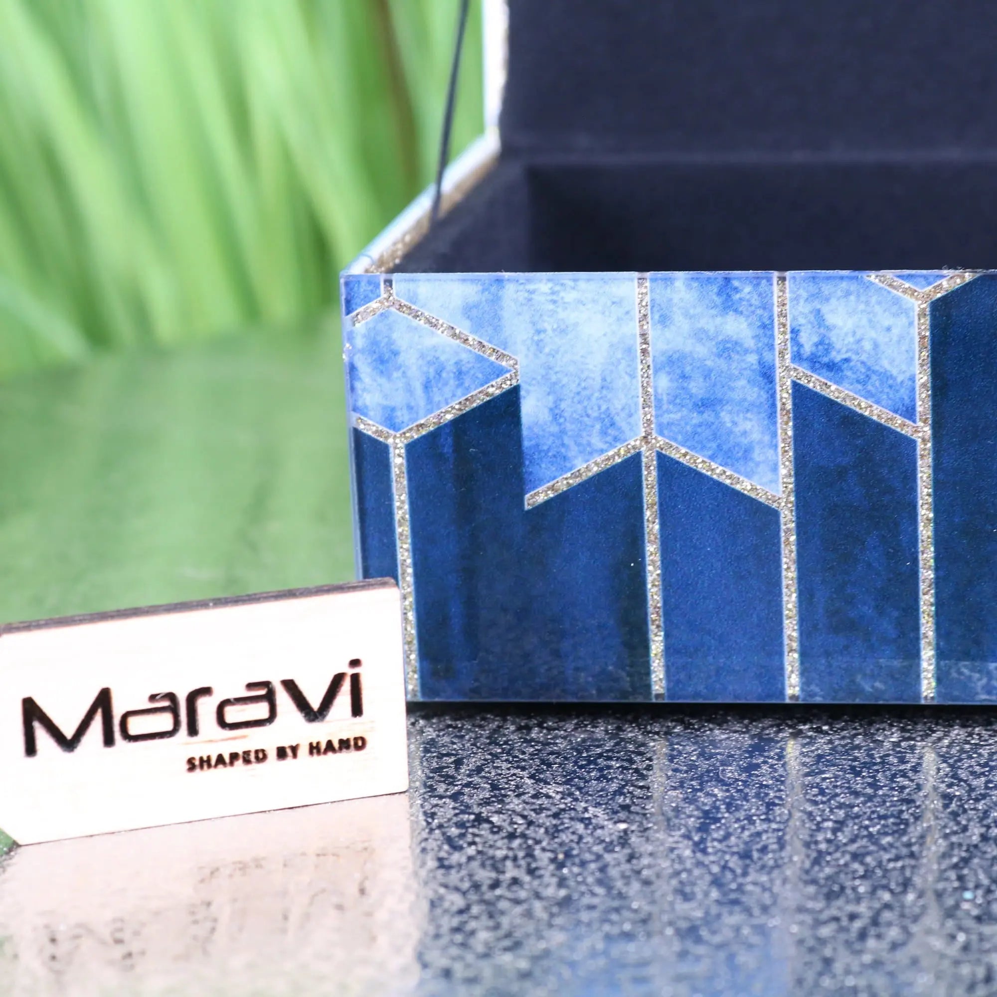 Konark Geometric Glass Jewellery Box with Blue Tones and Silver Glitter