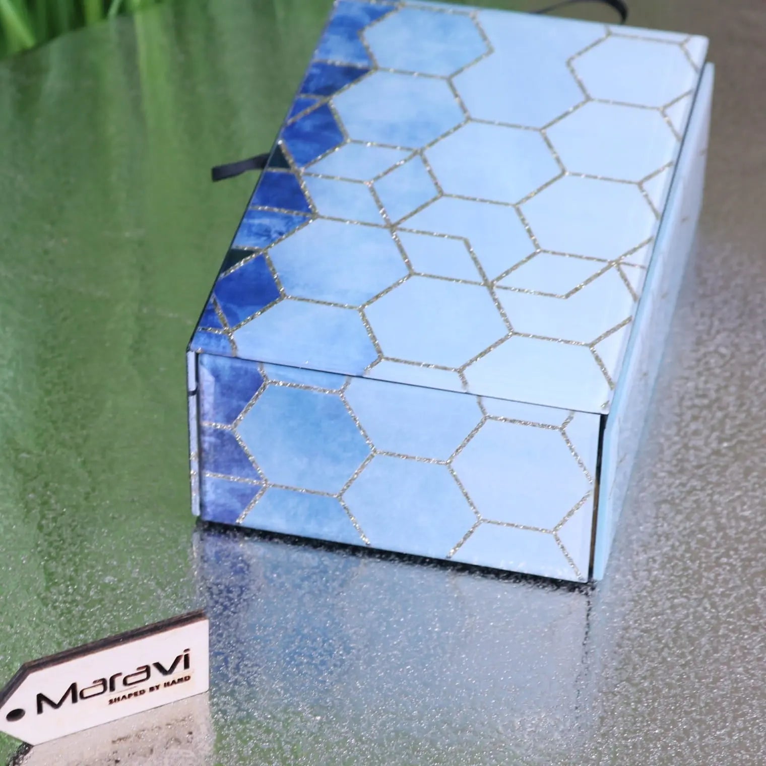 Konark Geometric Glass Jewellery Box with Blue Tones and Silver Glitter