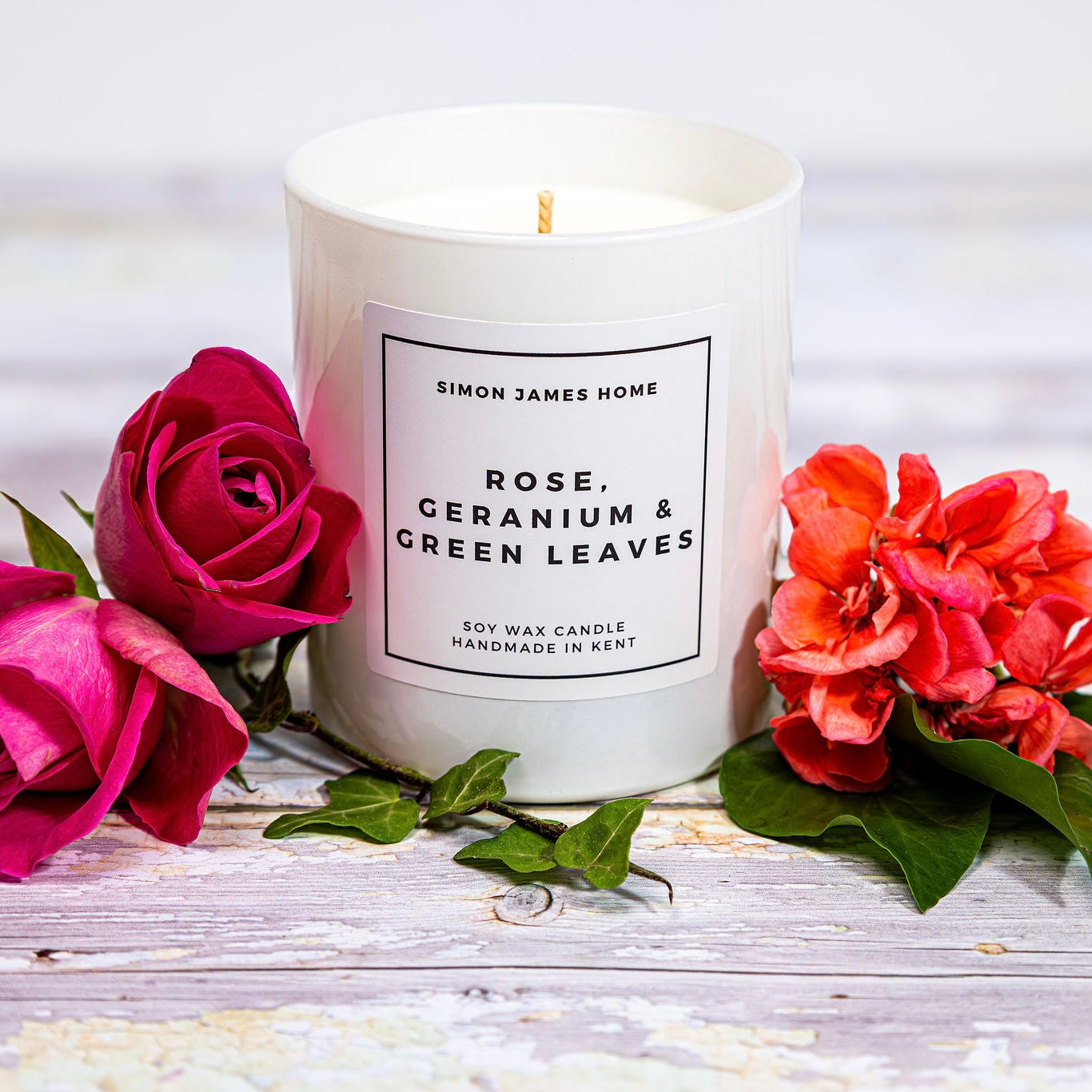Rose, Geranium & Green Leaves Handmade Soy Wax Candle