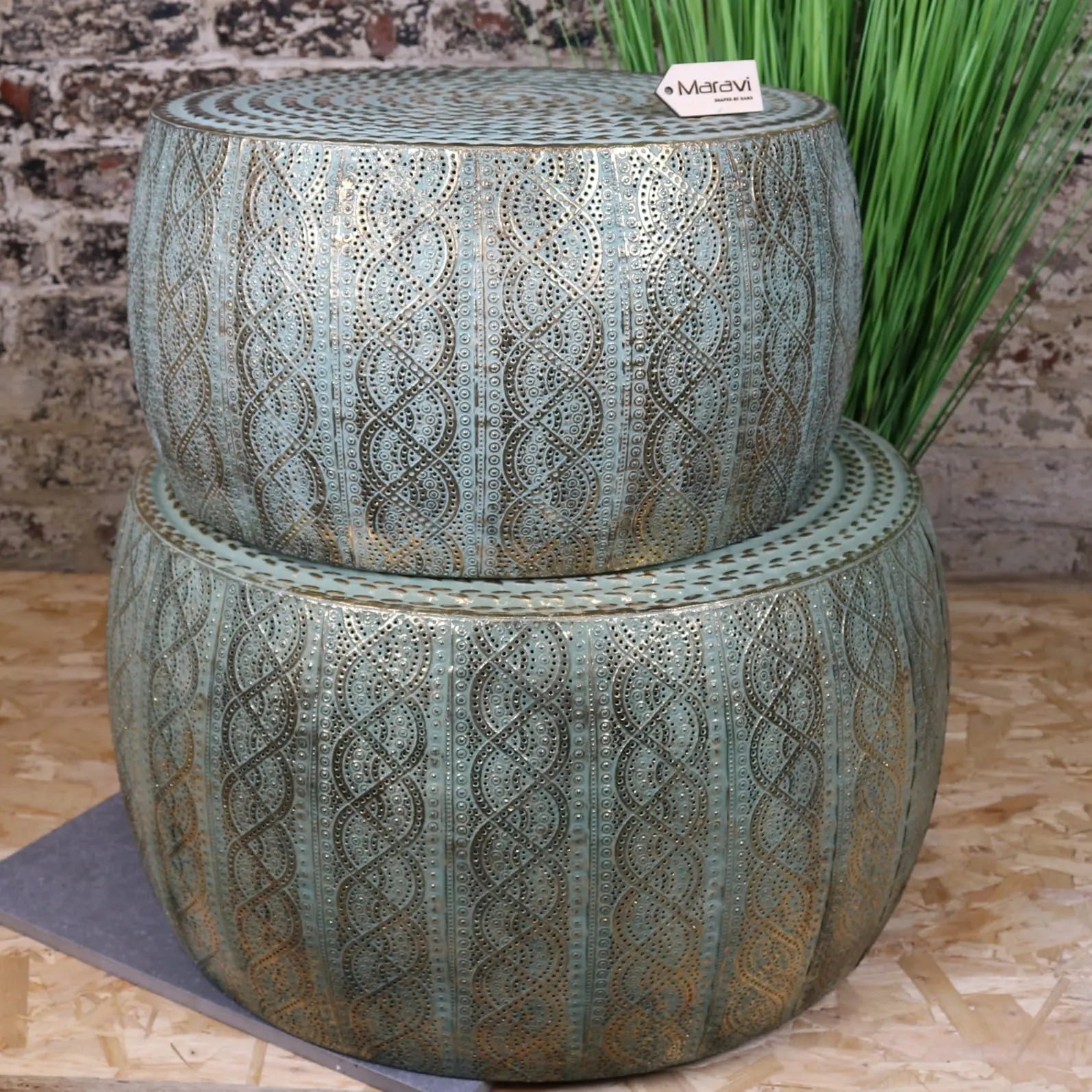 Jodai Drum Side Table Set Antiqued Gold