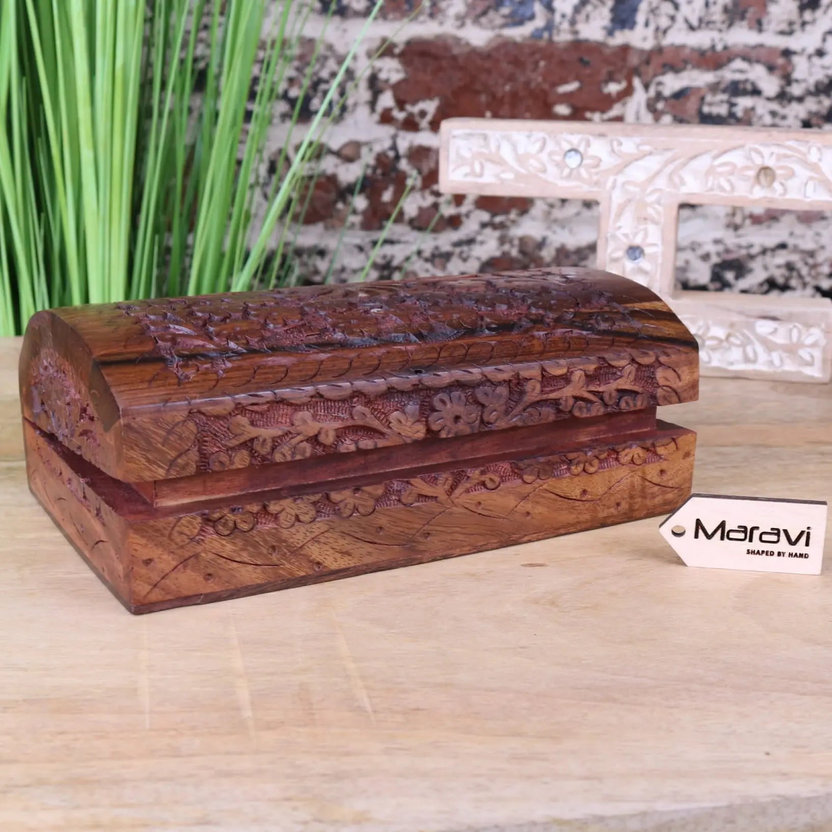 Aipur Sheesham Wood Hand-Carved Treasure Chest Box with Velvet Lining