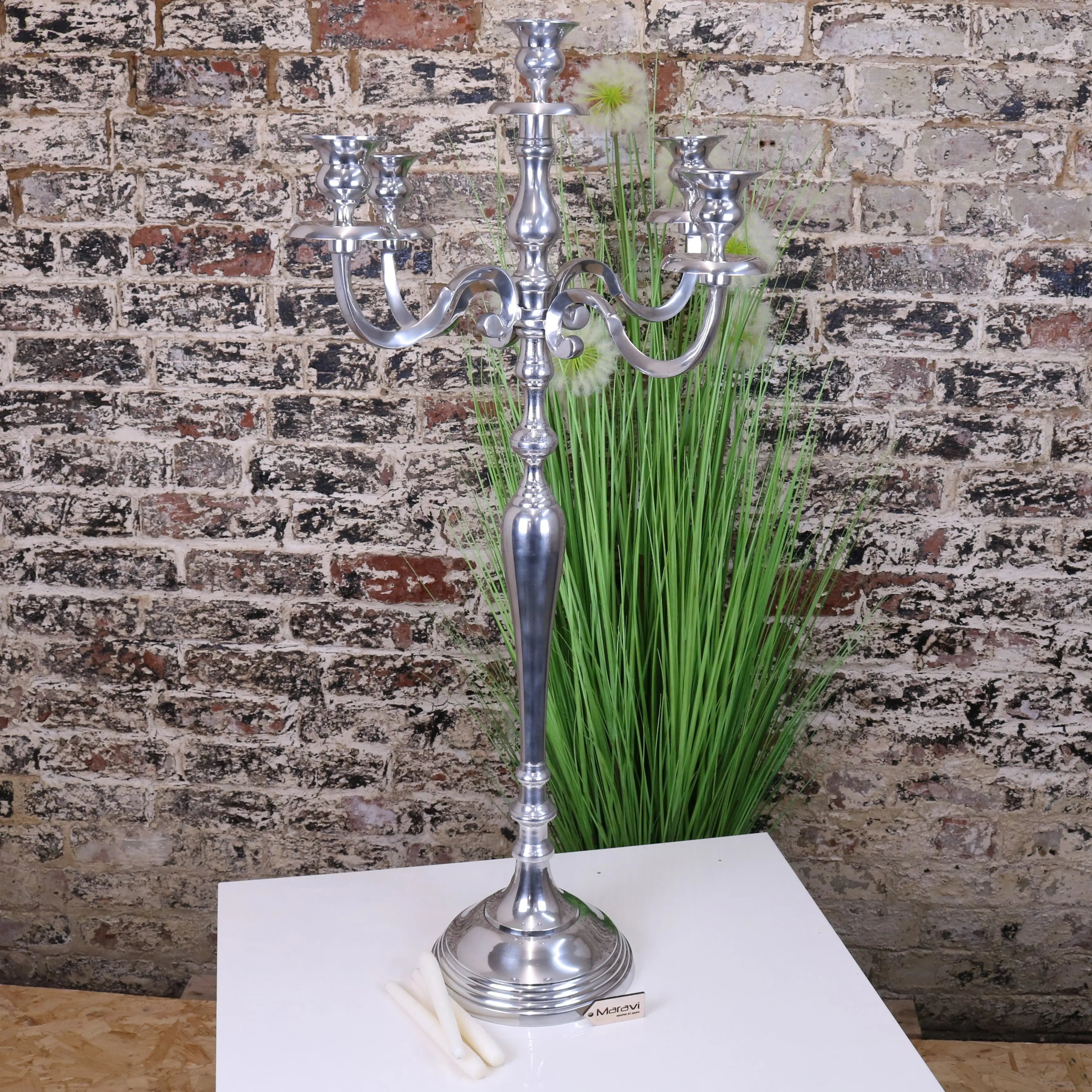 Mula Polished Silver 5 Candle Candelabra Centrepiece - 105cm Luxury Decor