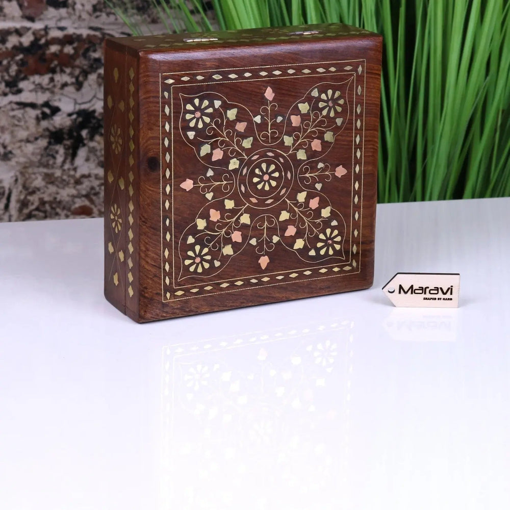 Lila Sheesham Wood Trinket Box Brass Inlay