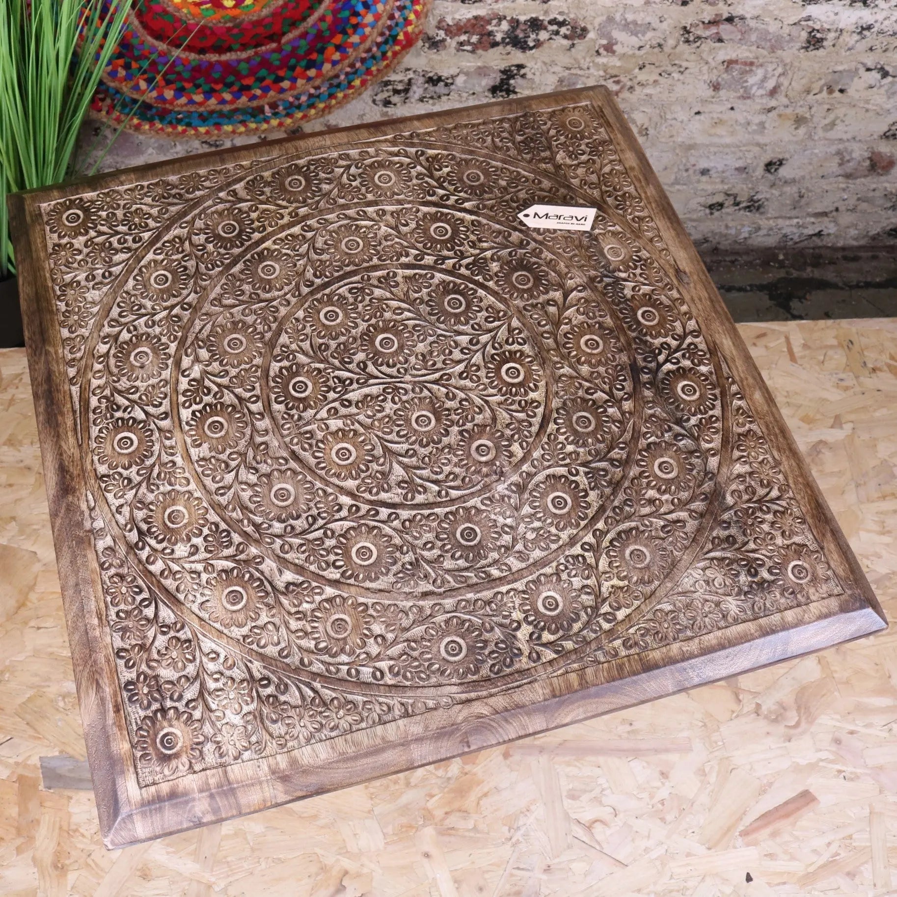 Alia Square Pedestal Large Side Table Hand Carved