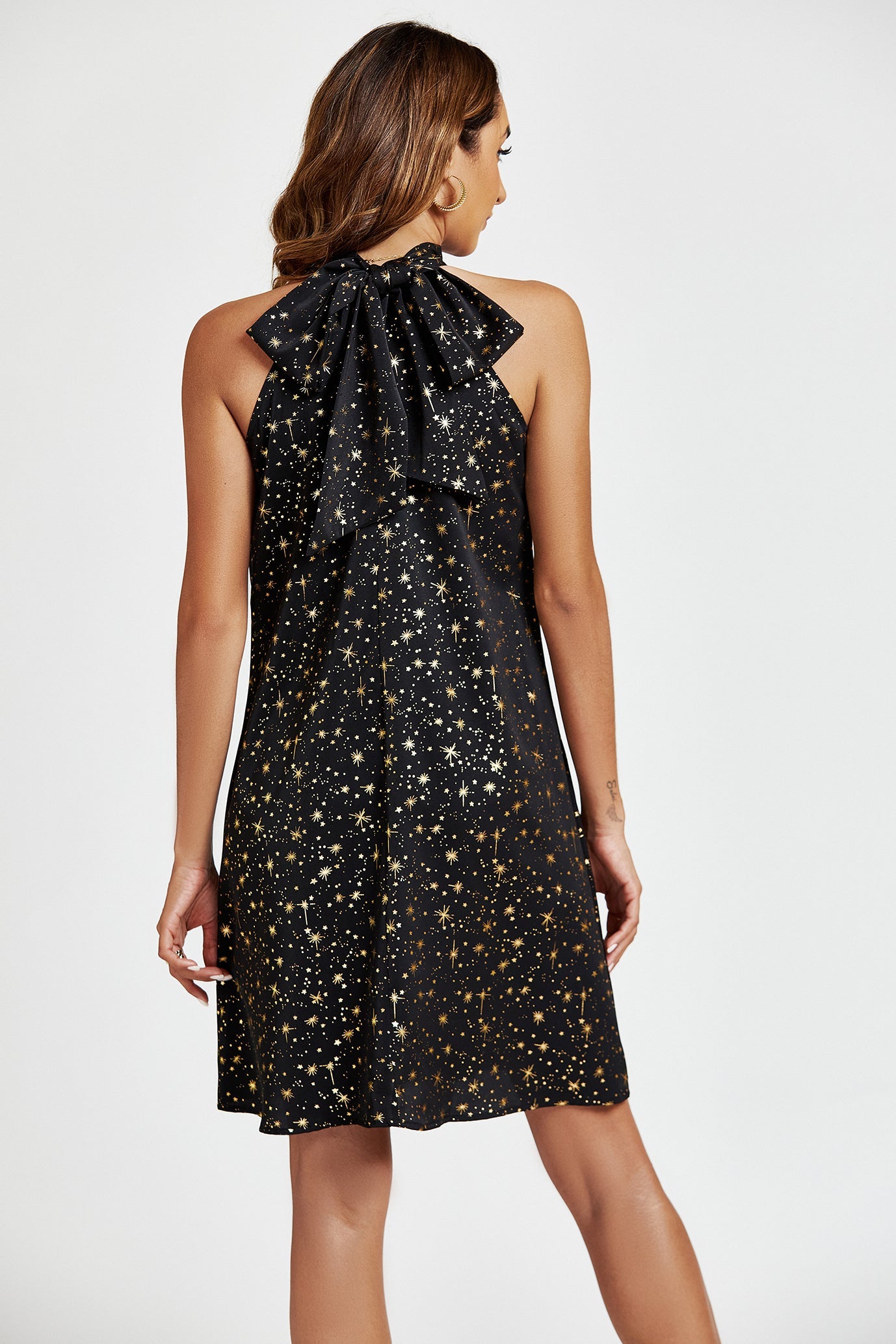 Gold Foil Star Halter Neck Tie Back Mini Dress In Black