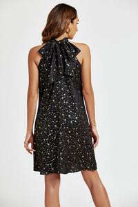 Gold Foil Star Halter Neck Tie Back Mini Dress In Black