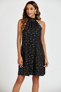 Gold Foil Star Halter Neck Tie Back Mini Dress In Black