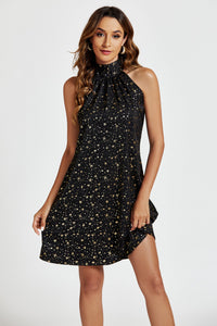 Gold Foil Star Halter Neck Tie Back Mini Dress In Black