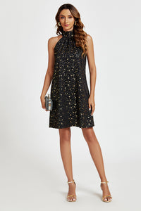 Gold Foil Star Halter Neck Tie Back Mini Dress In Black