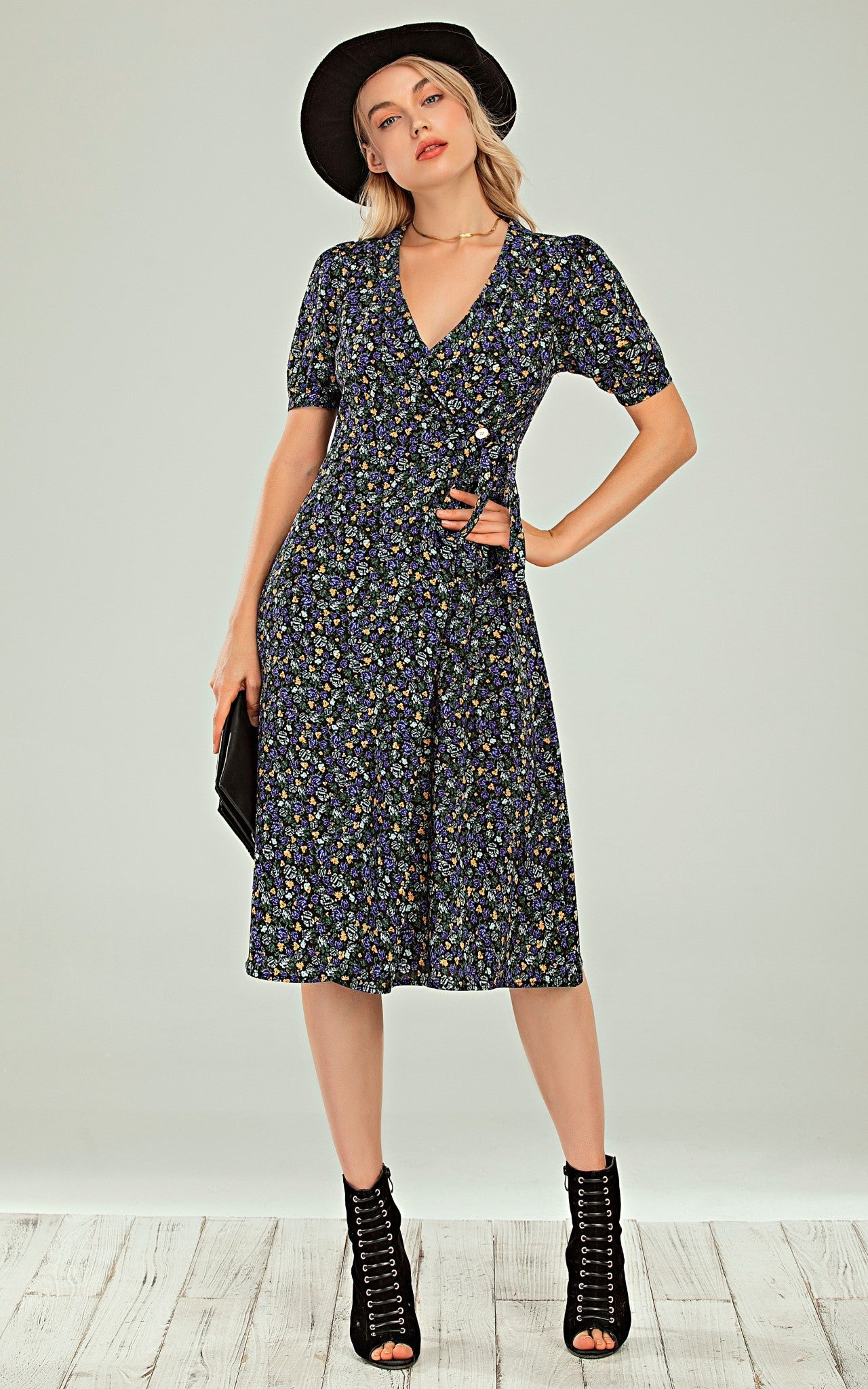 Button Wrap Midi Dress In Black With Blue Green Yellow Rose Print
