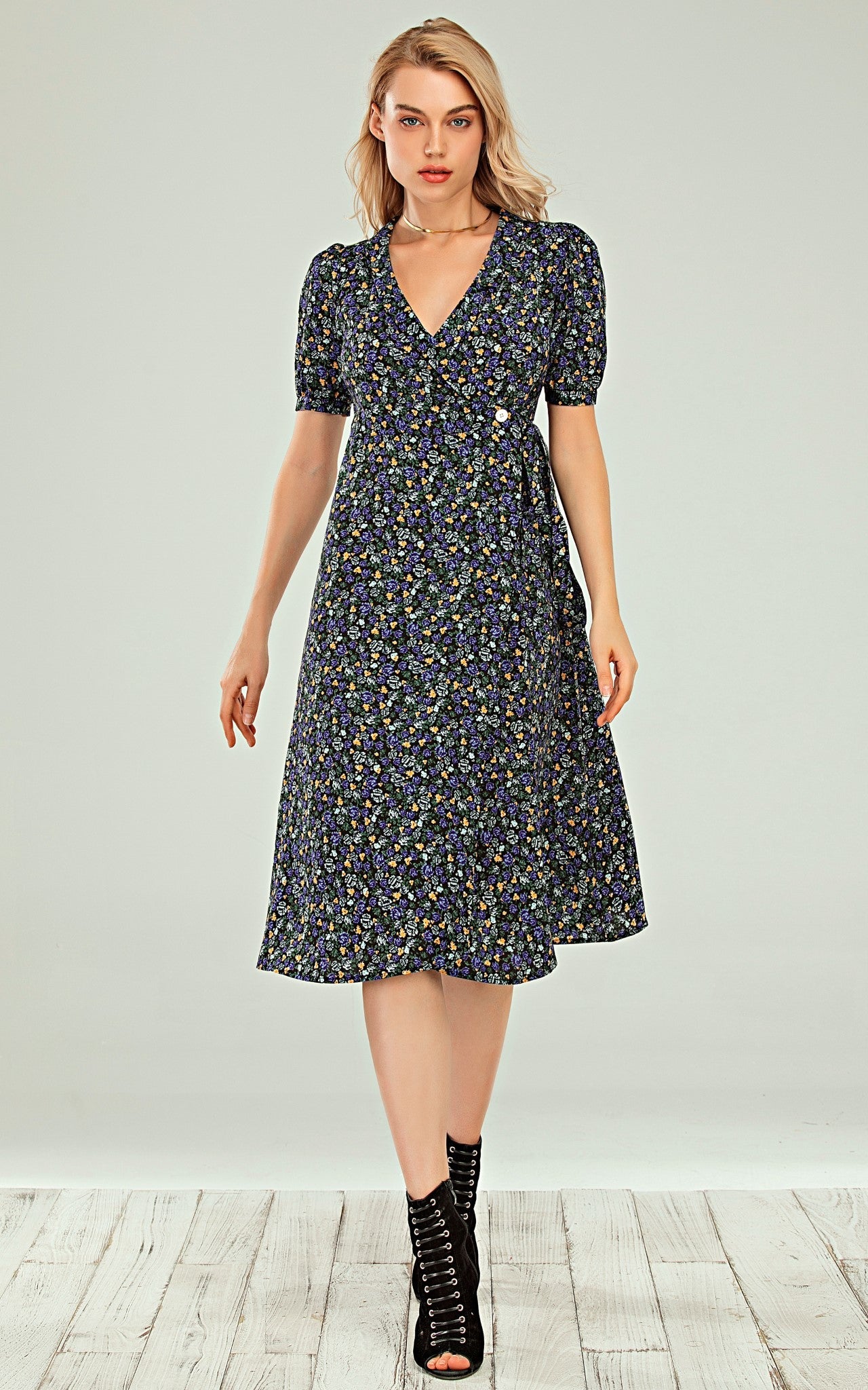 Button Wrap Midi Dress In Black With Blue Green Yellow Rose Print