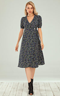 Button Wrap Midi Dress In Black With Blue Green Yellow Rose Print