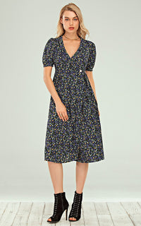 Button Wrap Midi Dress In Black With Blue Green Yellow Rose Print