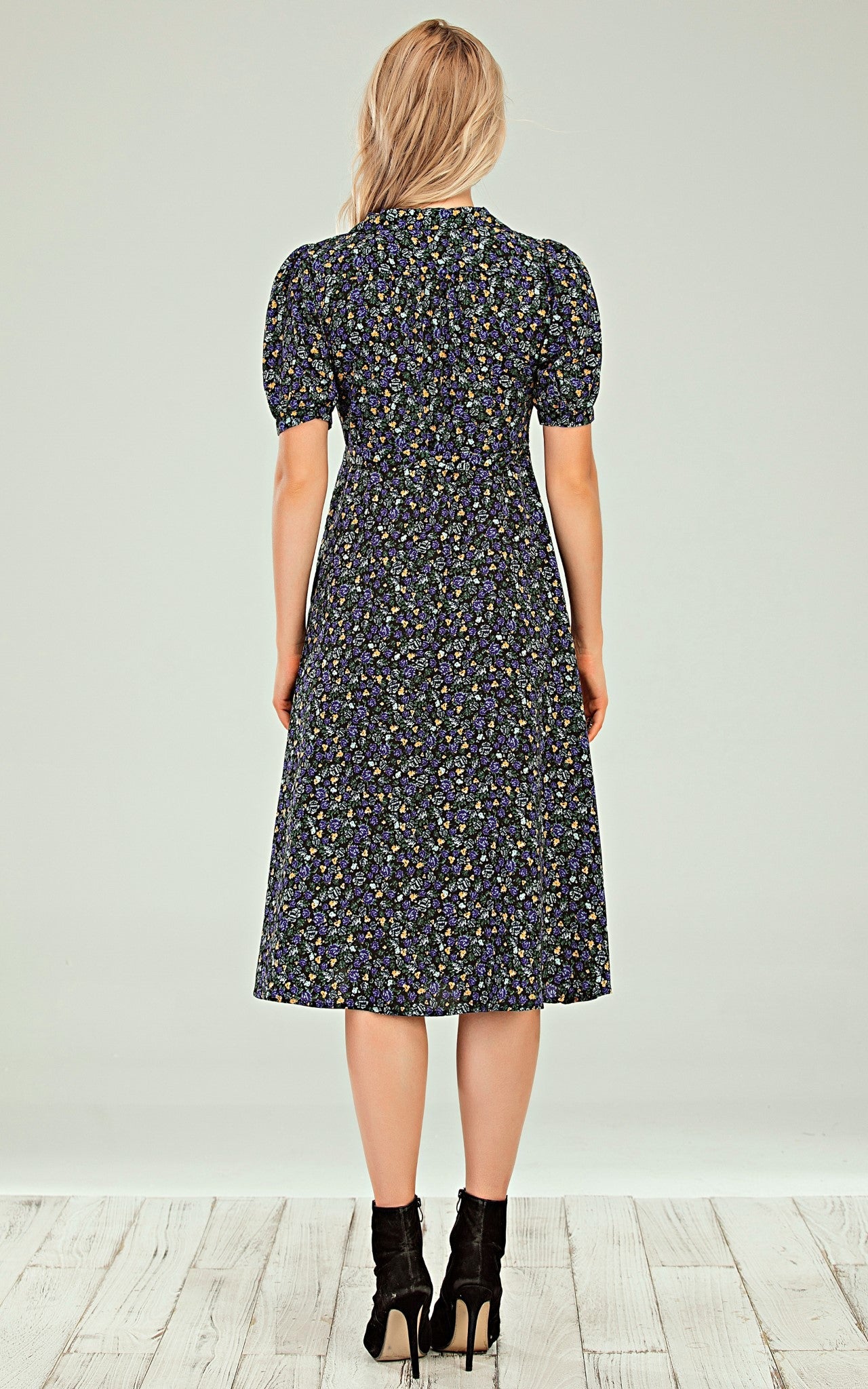 Button Wrap Midi Dress In Black With Blue Green Yellow Rose Print