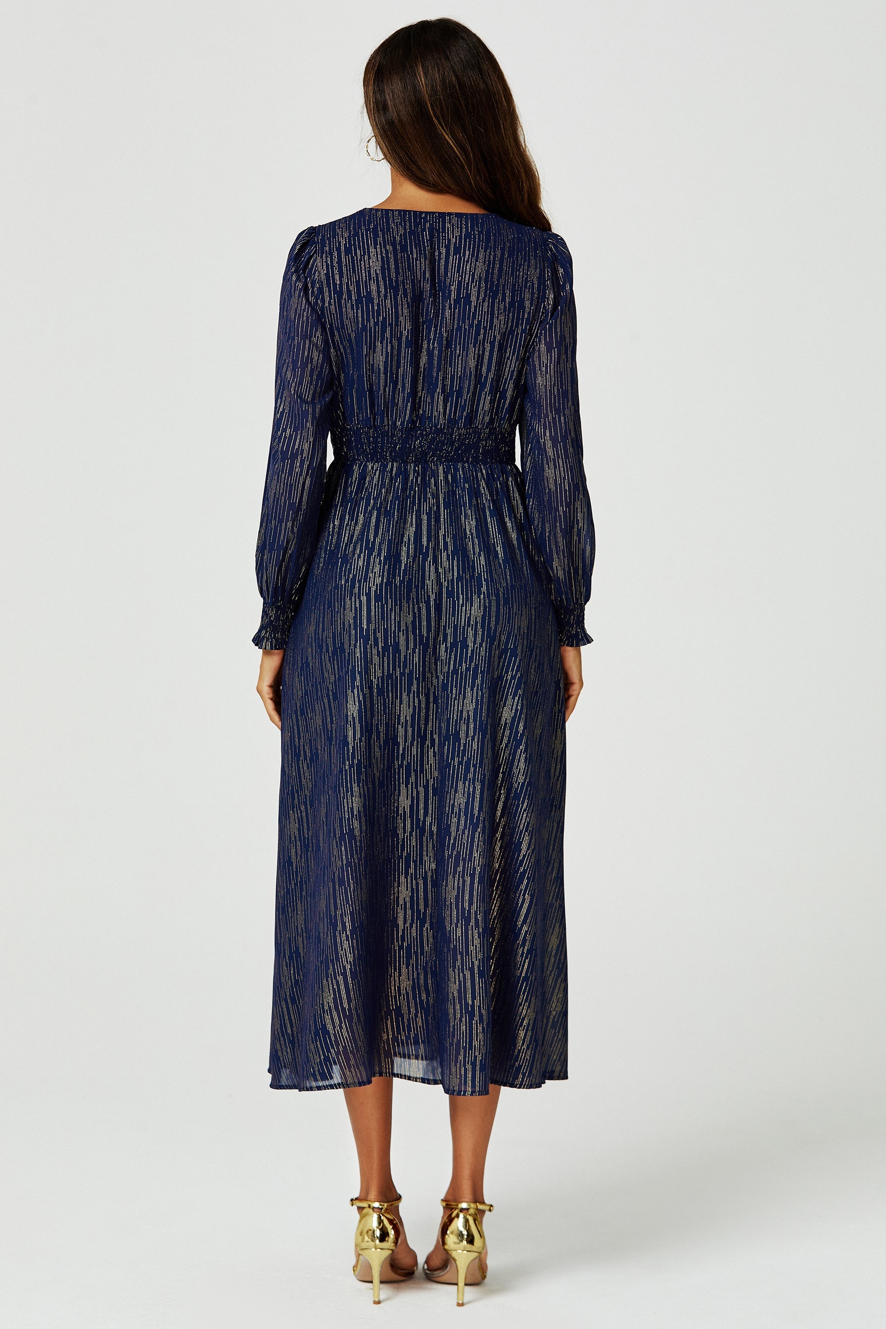 Gold Stripe Foil Long Sleeve Maxi Dress In Navy