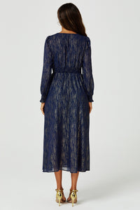 Gold Stripe Foil Long Sleeve Maxi Dress In Navy