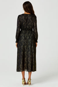 Gold Stripe Foil Long Sleeve Maxi Dress In Black