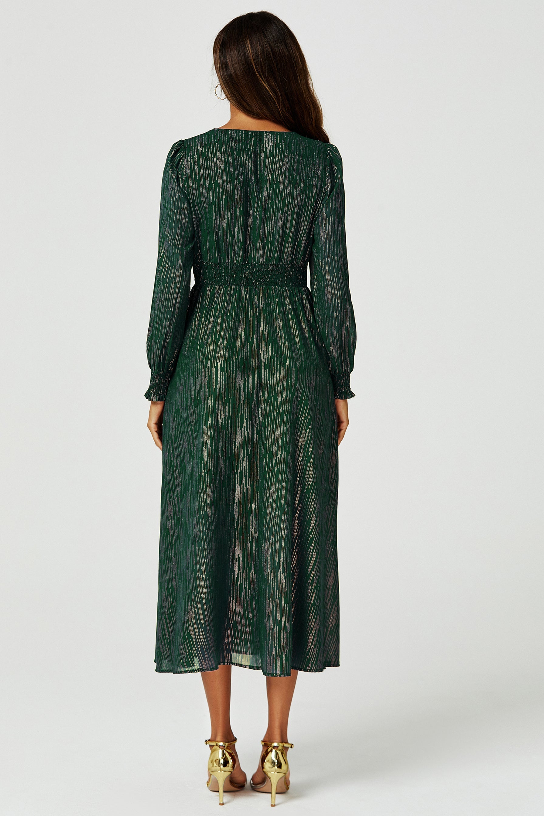 Gold Stripe Foil Long Sleeve Maxi Dress In Green